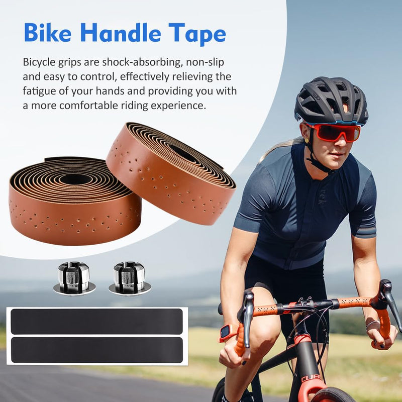 2 Rolls Bike Handlebar Tapes with 2Pcs Handle End Plugs and 2Pcs Finishing Tapes, Self-Adhesive Multifunctional Bicycle Handlebar Tapes, 210x2.8cm/82.68x1.1inch, PU+EVA(Color:Brown) Brown