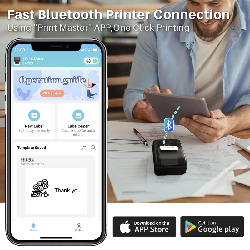 [Australia - AusPower] - Phomemo M120 Label Maker- Barcode Printer Bluetooth Thermal Label Machine 2 Inch 50mm for Retail, QR Code, Small Business, Compatible with Android, iOS & PC, Black B/1 Roll Label 
