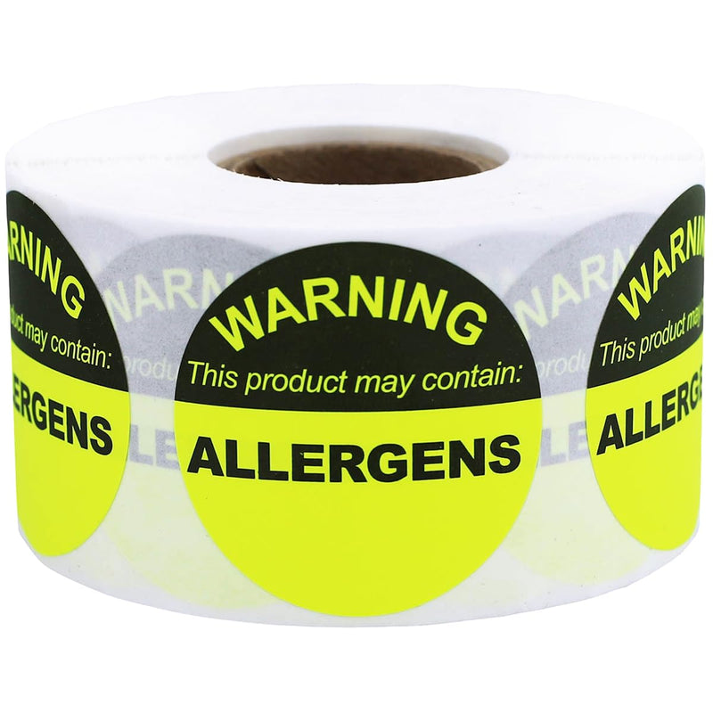 Allergen Warning Food Stickers Fluorescent Yellow, 1.5 Inch Round Circle Adhesive Labels, 500 Allergy Warning Stickers Per Roll for Food Prep, Restaurants, Kitchens – Made in the USA