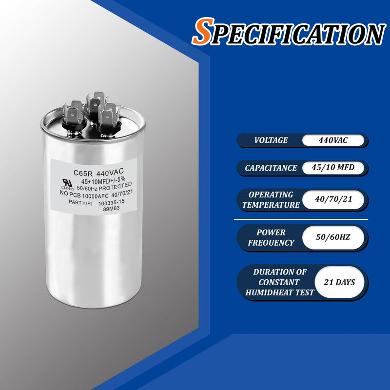 89M83 100335-15 Capacitor 45+10 MFD 440V Round Replacement