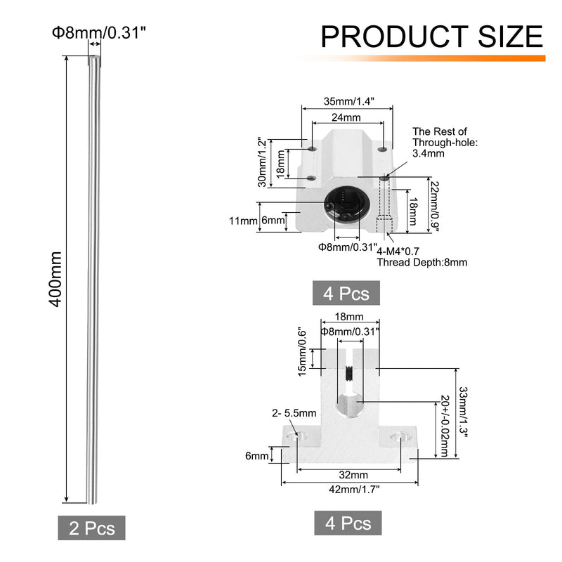 [Australia - AusPower] - uxcell 2 Pcs 8mm x 400mm Linear Motion Rail Shaft Slide Guide with 4 Pcs SCS8UU Bearings and 4 Pcs SK8 Rail Support Linear Motion Rod Shaft Guide Set for CNC Machine 3D Printer, Silver 