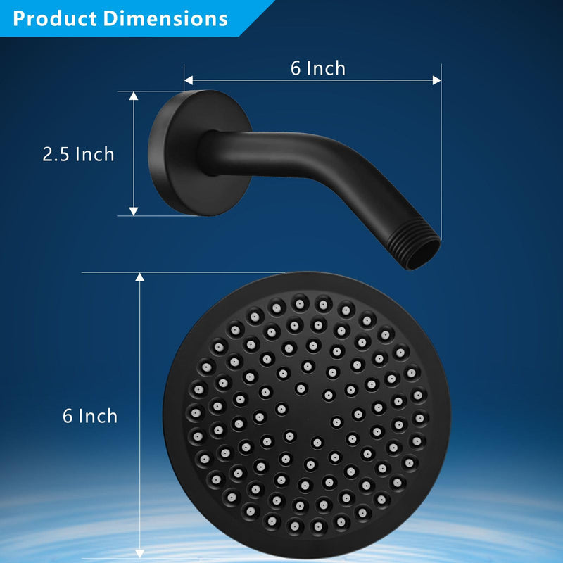 High Pressure Rain Shower Head with Arm - High Flow Rainfall Showerhead - Luxury Modern Look - Pressure Boosting (6" Shower Head with 6" Arm, Matte Black) Shower Head + 6 Inch Shower Arm Midnight Black Matte