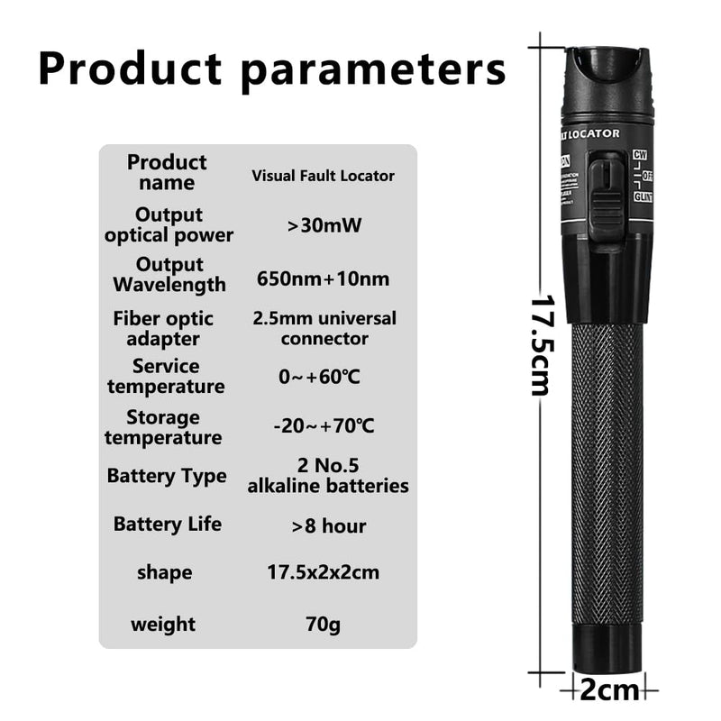 30MW Fibre Optic Cable Tester | FTTH Fibre Visual Fault Locator 30 km | VFL Red Light Pen Suit for 2.5mm FC, SC, ST Plug | Battery Not Included