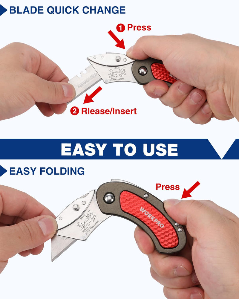 [Australia - AusPower] - WORKPRO Folding Utility Knife Set Quick Change Blade, Back-lock Mechanism 3-piece with 10-piece Extra Blades 