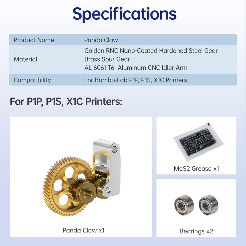 BIQU Panda Claw Upgraded Extruder Brass Gear Compatible with Bambu-Lab P1P/P1S/X1C/X1E 3D Printers, Golden RNC Nano Coating Hardened Tool Steel Extruder Gear Panda Claw(For X1/P1 Series)