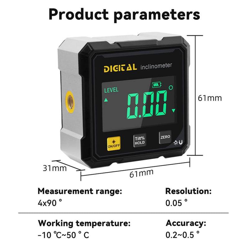 [Australia - AusPower] - 4-Side Magnetic Digital Angle Gauge, Cube Inclinometer with Backlight, Rechargeable Digital Angle Finder with LCD Display, Table Saw Miter Protractor, Woodworking Measuring Tool 