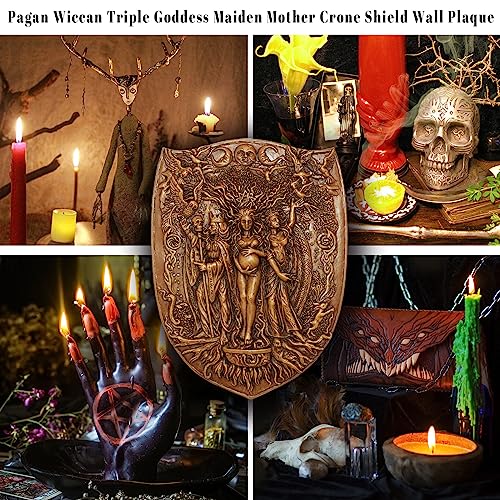 Pinra Triple Moon Wall Decor Pagan Wiccan Triple Goddess Maiden Mother Crone Shield Statue Celtic Wall Art Irish Feminism Gods Hanging Shield Wall Plaque Sculpture Khaki