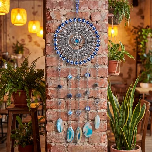 Evil Eye Dream Catcher, Handmade Blue Agate Stone Catcher with Crystals Evil Eye