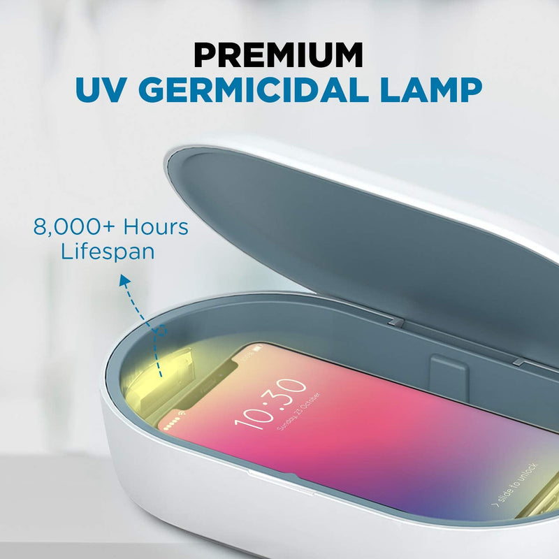[Australia - AusPower] - UV Light Sanitizer Box, Portable Phone Sanitizer with Aroma Diffuser, Fast Charging for Smart Phone, UV Sterilizer Box for Cell Phone, Jewelry, Watches, Glasses-Blue Blue 