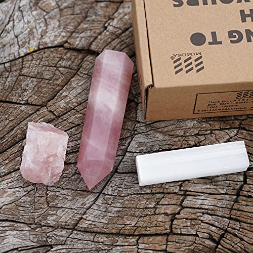 MIMOSA Healing Crystal Point Large Rose Quartz, Raw Rose Quartz &Selenite Large Rose Quartz Pink