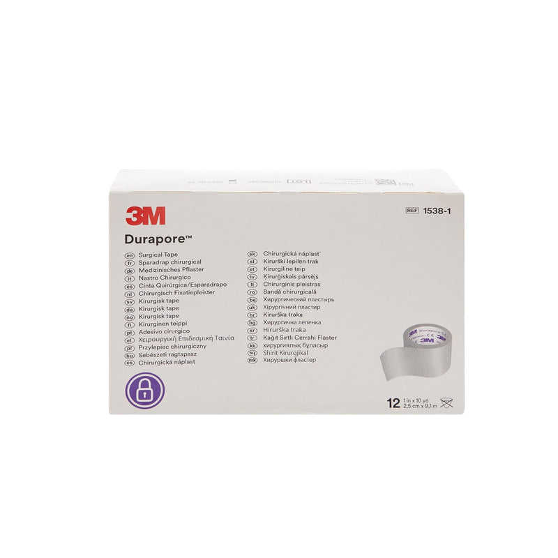 3M Durapore Medical Tape, Non-Sterile, Silk-Like Cloth, White, 1 in x 10 yds, 12 Rolls, 1 Pack 1 inch x 10 yard (2,5cm x 9,1m), 12 Rolls/Box