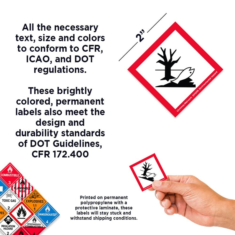 ChromaLabel 2 by 2 Permanent Durable Square D.O.T. Hazard Labels, GHS09: Environmental Hazard Pictogram Label, 100/Roll (100/Roll) 2" x 2" GHS09 - Envirnmental Hazard