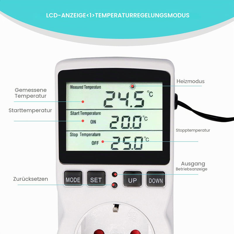 RUIZHI Digital Temperature Controller Sockets Heating Cooling Thermostat 250 V with Sensor Socket and Probe LCD Screen for Greenhouse, Aquarium, Terrarium, Reptiles (EU