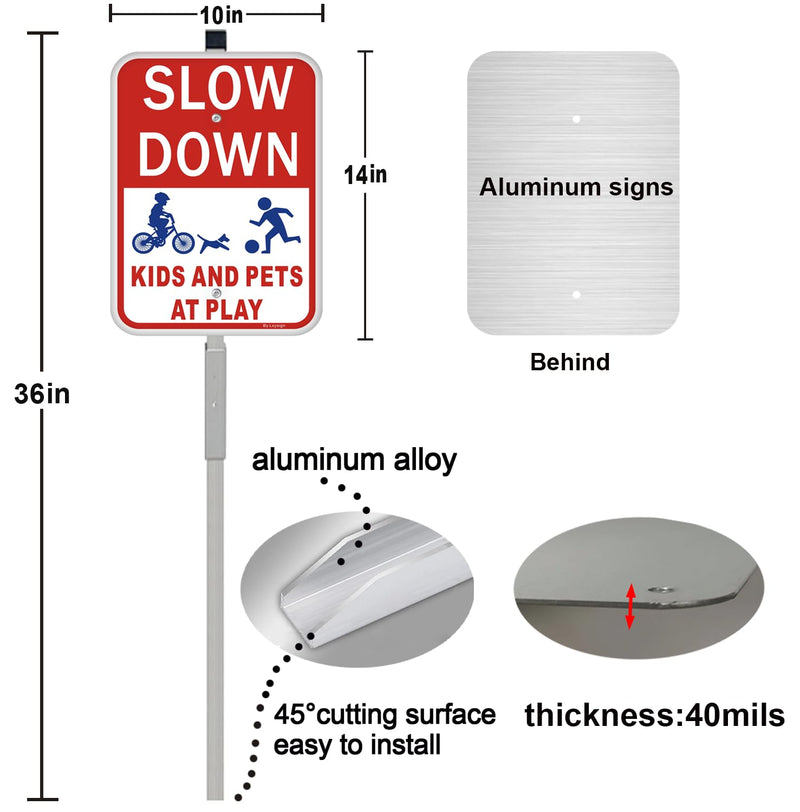 (2Pack) Slow Down Signs，Kids Playing Sign with Stake for Street - Children at Play Safety Signs with 36 Inches Metal Stakes & 14"×10" Reflective Aluminum Sign, Fade Resistant, water proof/weather proof, Easy to Install Style2-2pack with Stake