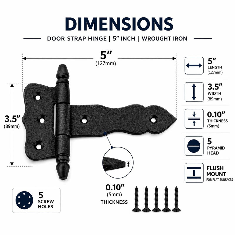 Renovators Supply Manufacturing Pack of 2 Shed Door Hinge 5 in. Black Wrought Iron Antique Style Decorative Flush Mount Cast Iron Barn Door Shed Hinge with Mounting Hardware