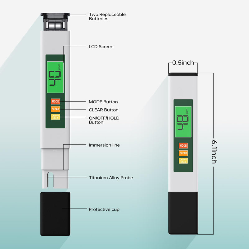 [Australia - AusPower] - TDS Water Tester, 4 in 1 TDS Meter Digital Water Tester for Drinking Water, Professional 0-9990ppm PPM EC & Temp Water TDS Meter for Home & Travel Regular Water Quality Testing White & Green 6 in 6 inches 