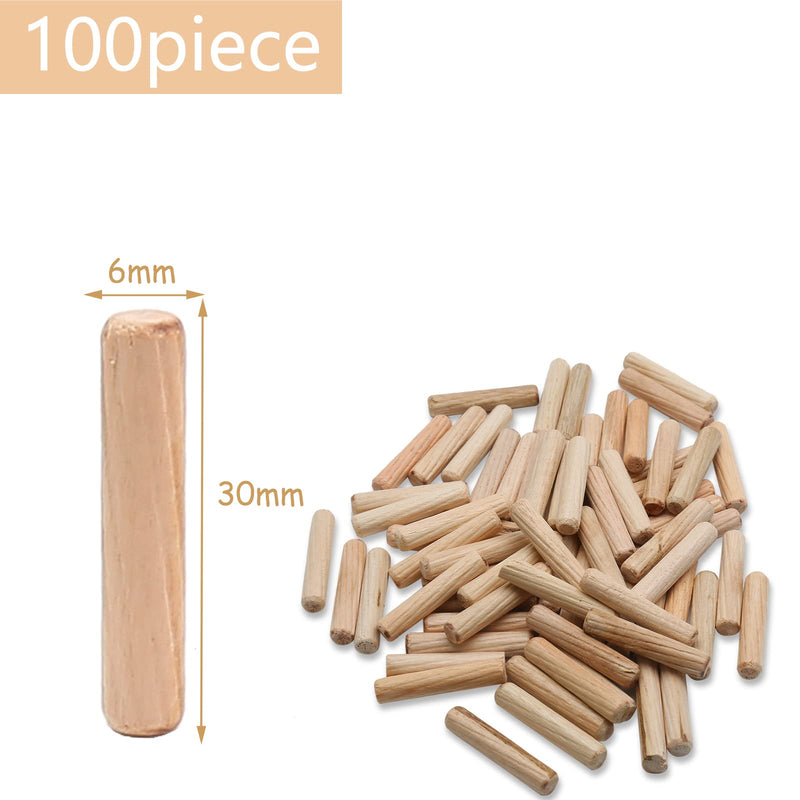 [Australia - AusPower] - 100 Pack Wooden Dowel Pins 6mm x 30mm (Approx 1/4" x 1-1/5") Wood Fluted Dowels Rods Kiln Dried Fluted and Beveled, Hardwood Crafts Dowel Pegs 6mm x 30mm - 100PCS 