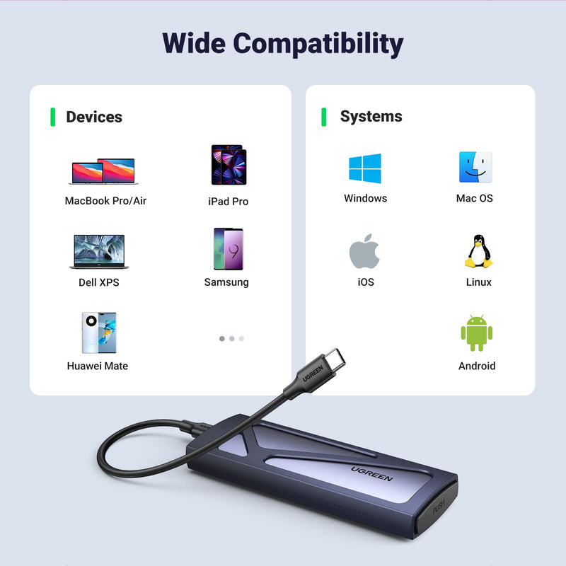[Australia - AusPower] - UGREEN SSD Enclosure, Tool-Free USB C External, 10Gbps M.2 NVMe to USB Adapter/Reader Supports M and B&M Keys and Size 2230/2242 /2260/2280 SSDs 
