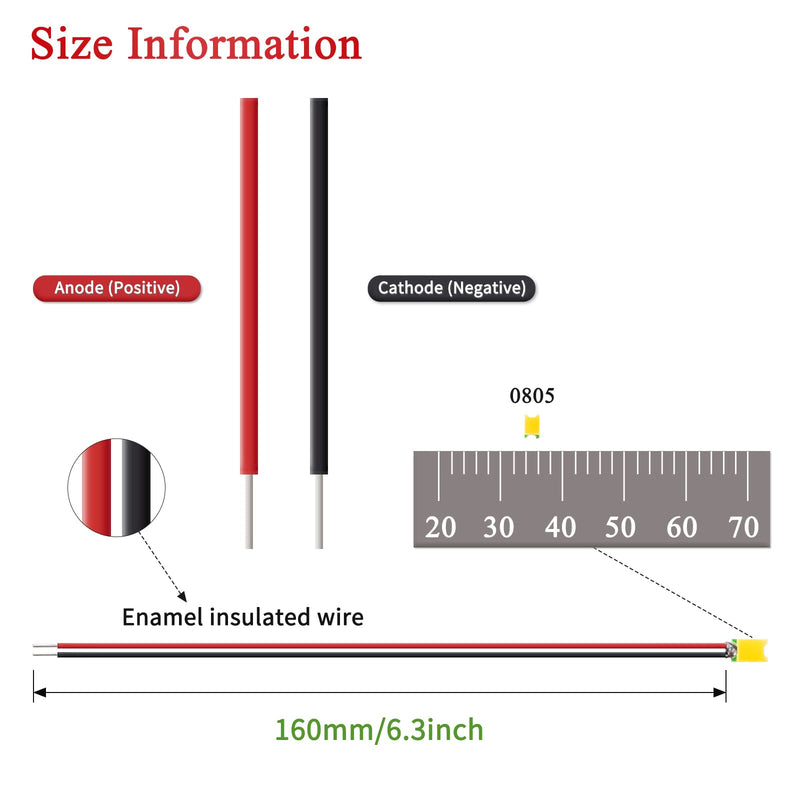 [Australia - AusPower] - DiCUNO 100pcs Pre-Wired SMD 0805 Light Emitting Diodes, Pre-soldered Micro LED for DIY, Science Projects, Wire Length 16cm (6.3"), Red/Yellow/Green/Blue/UV/Pink/Orange/White/Chartreuse/Warm White 10 Colors 