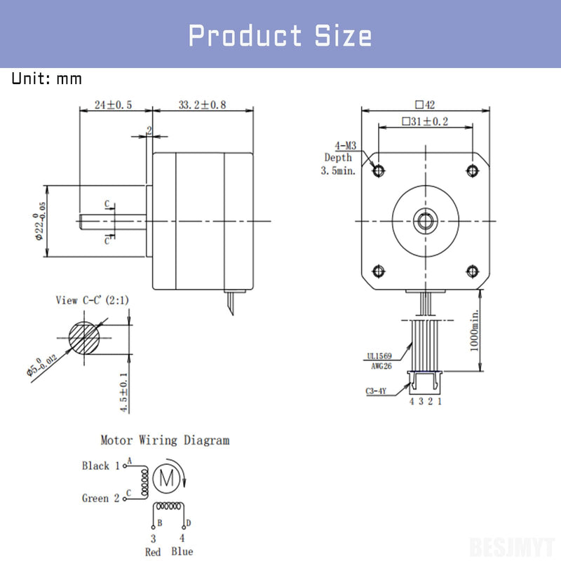 Nema 17 Stepper Motor 0.4 A-12V High Torque 290mNm(41.06oz.in?33mm 1.8 Deg Bipolar 2 Phase 4 Leadfor 3D Printer/DIY CNC/Digital Camera, 1.66x1.66x1.3inch