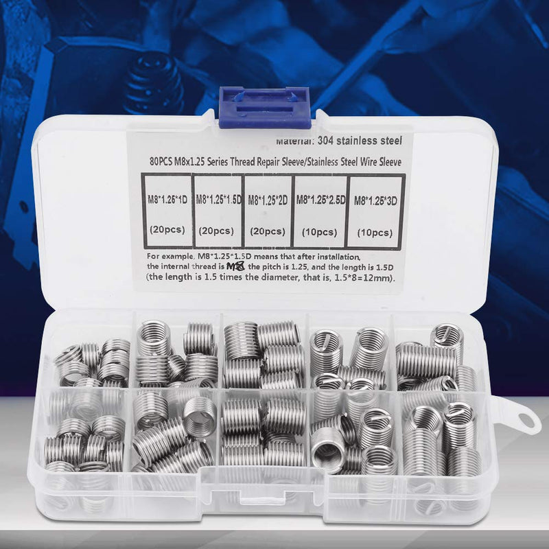 [Australia - AusPower] - 80Pcs M8x1.25 Threaded Inserts, Stainless Steel Thread Drill Repair Insert Sleeve with Storage Box 