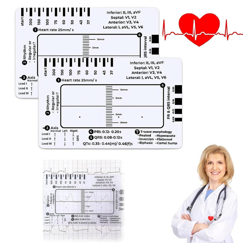 ECG 7 Level Ruler Card for ECG/ECG Interpretation, Portable Bag, Plastic, 85.6 mm x 53.98 mm, Medical Instrument, Simple Plastic Construction, ECG 7 Step Ruler, Pack of 2