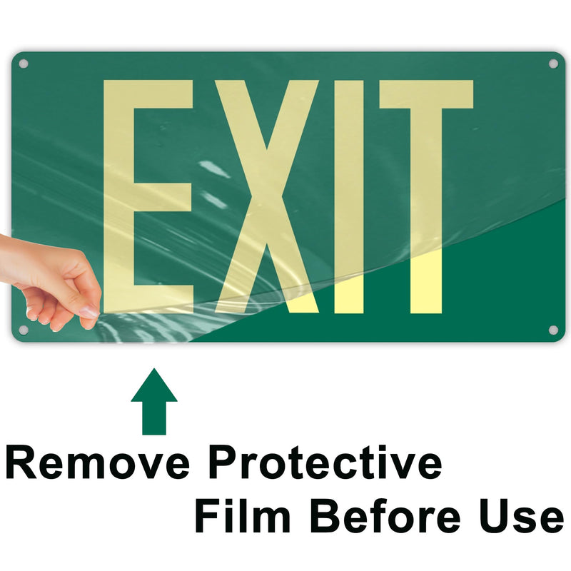 (2Pack) Photoluminescent Exit Sign, Glow In The Dark Aluminum Exit Sign Green - Adhesive Backing - 4pcs Removable Arrows Included - 14.25 x 7.5 Inches - Non Electrical Exit For 50 Feet Visibility Green - Exit