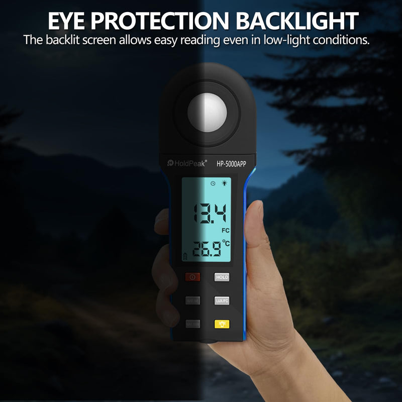 HoldPeak Illuminance Light Meter with Bluetooth, Digital Lux Foot Candles Meter 0.1~400,000 Lux with 270º Rotating Sensor, Lumen Meter Luxmeter for Plants, Car Headlights, Home & Office LEDs 5000APP-with APP Function