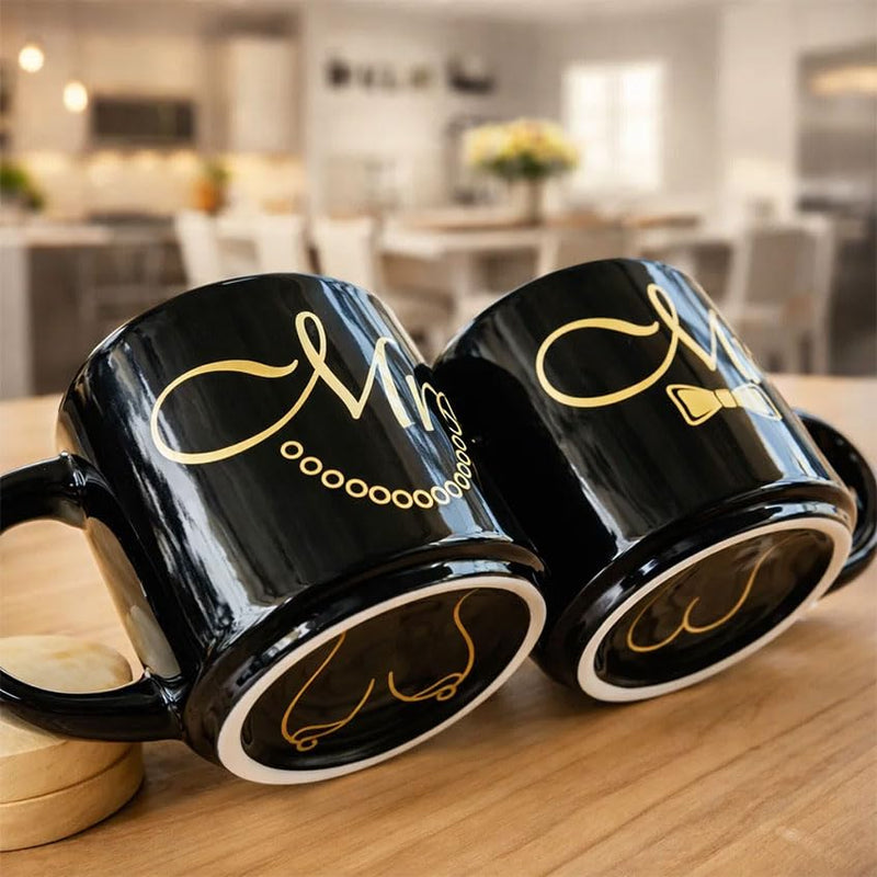 Mr and Mrs Mug Set, Mr Mrs Wedding Gift for Couples, 17 Oz Funny Couple Coffee Mug with Hidden Bottom Design, Newlywed Gift, Bride Groom Present, Anniversary Engagement Gift, His and Hers Mug Mr Mrs Mug