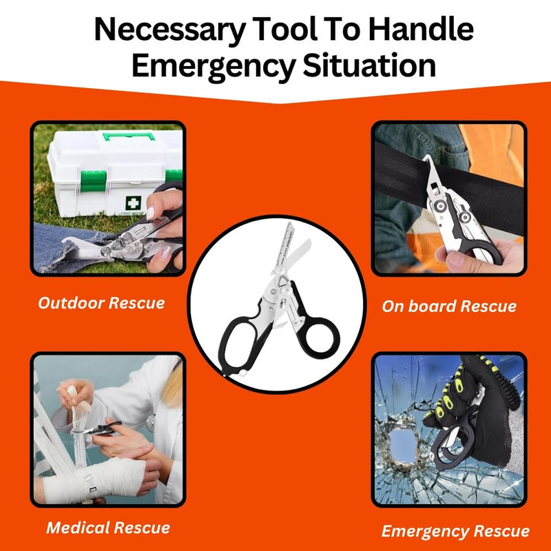 [Australia - AusPower] - 6 in 1 Multifunctional Trauma Shears Foldable with Strap Cutter | Heavy Duty Stainless Steel Emergency Response Shears | Survival Shears With Holster | Medical Trauma shears Tactical | Black 