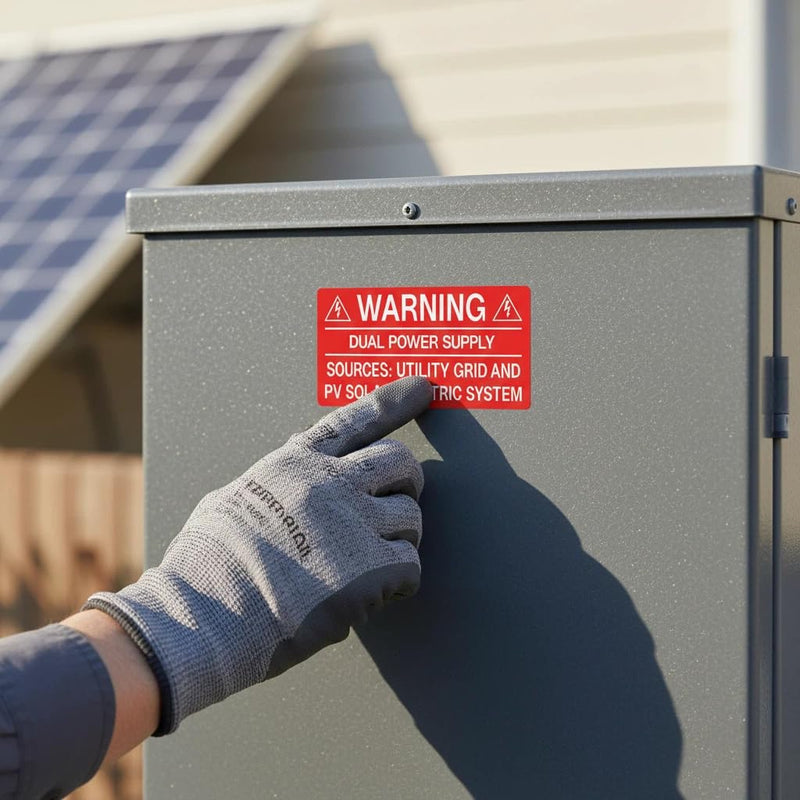 50PCS Solar Warning Labels, Warning Dual Power Supply - Sources Utility Grid and PV Solar Electric System, UV Resistant Electrical Panel Stickers for Installers