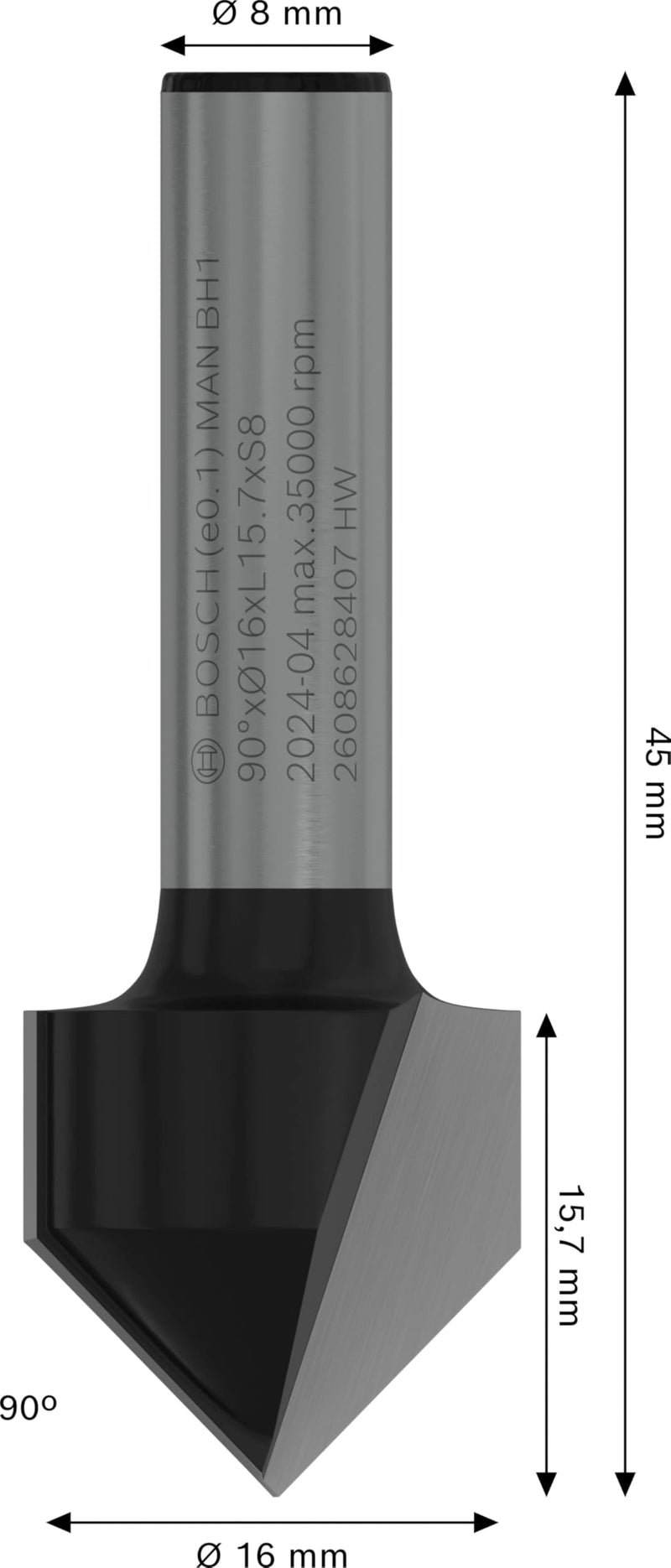 Bosch 2608628407 V-Grooving Cutter, Black/Silver, 16 x 16 x 8 mm 90°