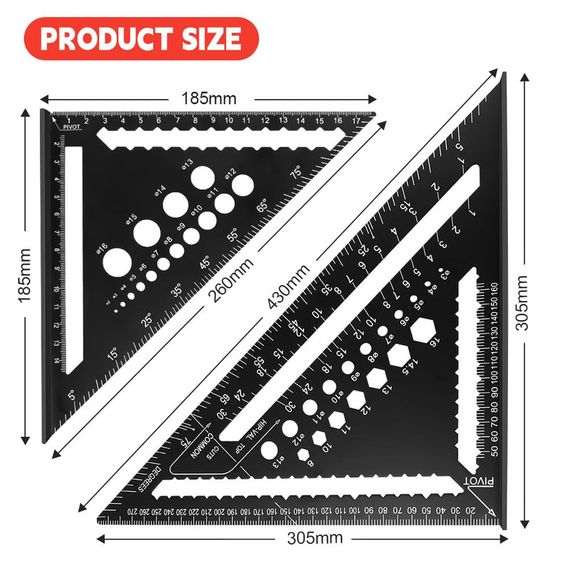 [Australia - AusPower] - flintronic Carpenter's Square Set, 2 Pieces Multifunctional Try Square, 18 cm + 30 cm, Aluminium Ruler Angle Guide Including Flat Carpenter's Pencil for Measuring Angles and Marking Drill Holes 