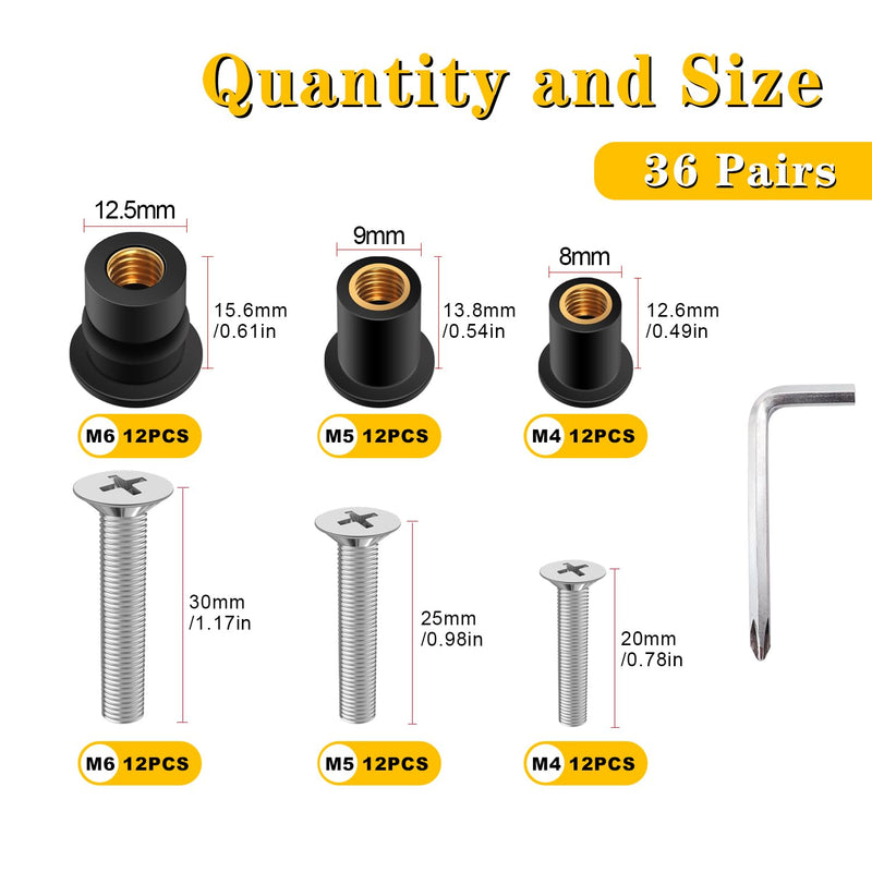 [Australia - AusPower] - Twidec/36 Pairs Neoprene Well Nuts M4 M5 M6 with Stainless Steel Screw Kayak Bolts Well Nut Kit for Kayak Motorcycle Boat Marine Windscreen Accessories N-080-36Pairs 