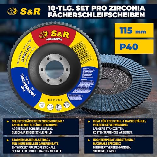 S&R Flap Discs Set of 10, 115 x 22.23 mm in Professional Quality, Flap Discs, T29, Flap Grinder Set for Stainless Steel, INOX, Steel, Grit P4040 D=115mm | P40 - 10-tlg