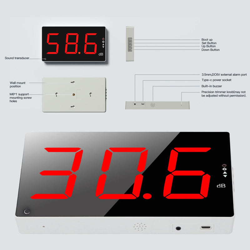 Decibel Meter, 30-130 DB Sound Level Meter with 3 Inch Large LCD Screen, Wall Mounted Noise Meter for Classroom, Decibel Display, Acoustic Alarm