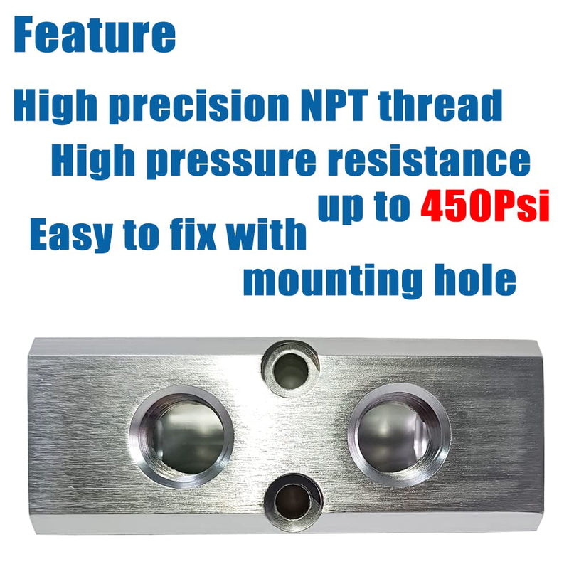 [Australia - AusPower] - Quality 2 Way 4 Port Air Manifold 1/2" NPT Supply Port 1/4" NPT Outport With Mounting Hole Aluminum Silver 1Pcs 