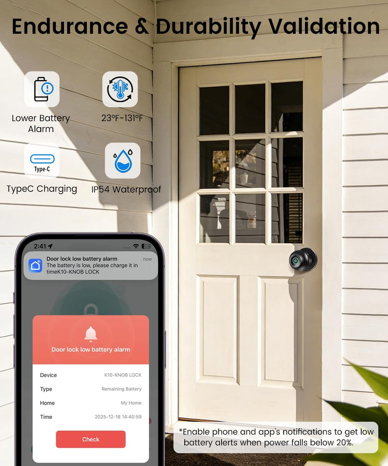 Fingerprint Door Lock, Smart Fingerprint Door Knob with Lock, Biometric Door knob with App Control & Key, Keyless Thumbprint Entry Door Lock for Bedroom, Front Door, Home, Apartment Office-Stain Black