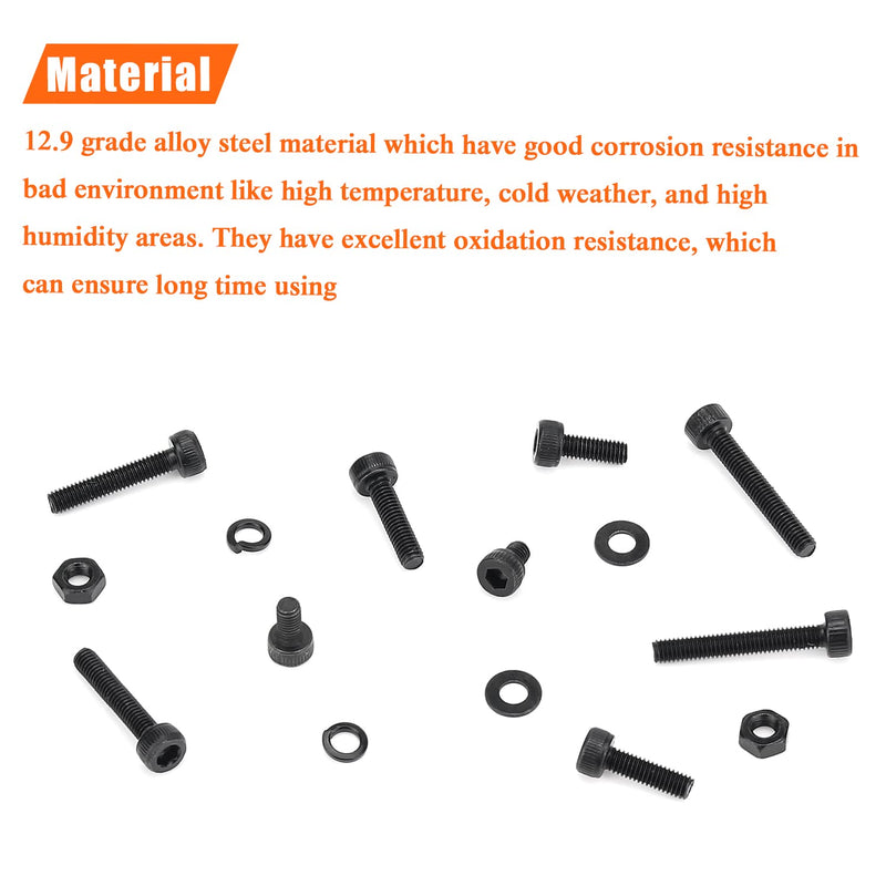 [Australia - AusPower] - 560 Pieces M3 x 4mm /6mm /8mm /10mm /12mm /16mm /20mm, Hex Socket Head Cap Screws Bolts Washers Nuts Kit, 12.9 Grade Alloy Steel, Full Threaded, Black 