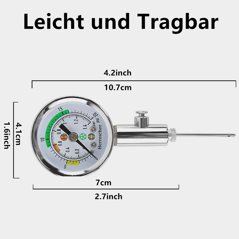 Precision Ball Pressure Gauge Professional Air Pressure Gauge for Football, Basketball, Volleyball & Rugby - Robust Metal Casing, Clear Display (0-20 PSI/0-1.4 Bar) - Includes Needle for All Ball Valves