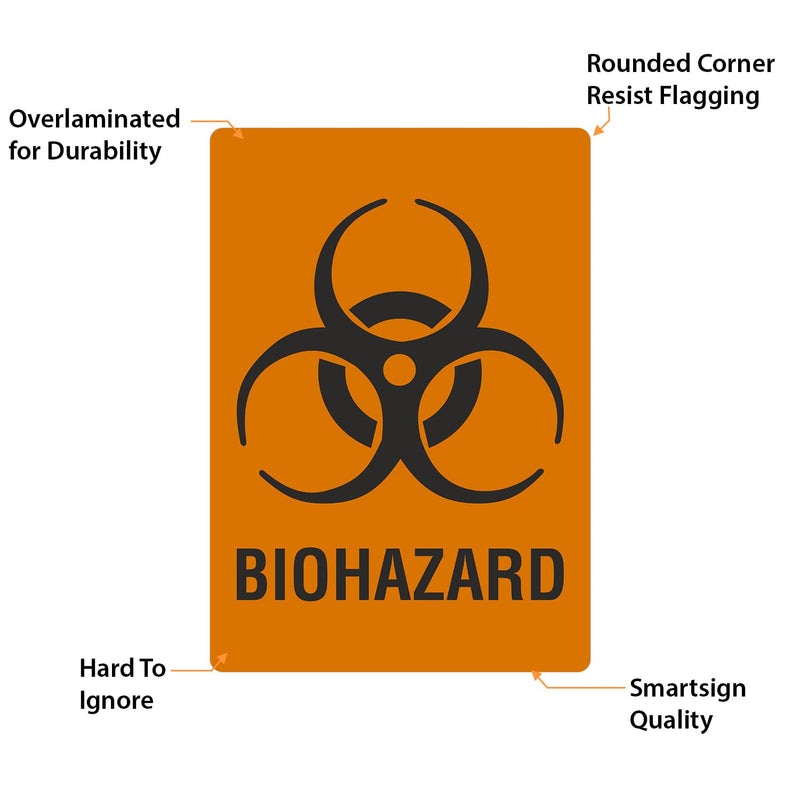 SmartSign (100/Pack) Biohazard Labels with Symbol, 5"x3.5", 4 mil Thick White Polyvinyl Chloride (PVC) with Permanent Adhesive, for Medical/Industrial/Shipping Use, Fluorescent Orange/Black, USA-Made