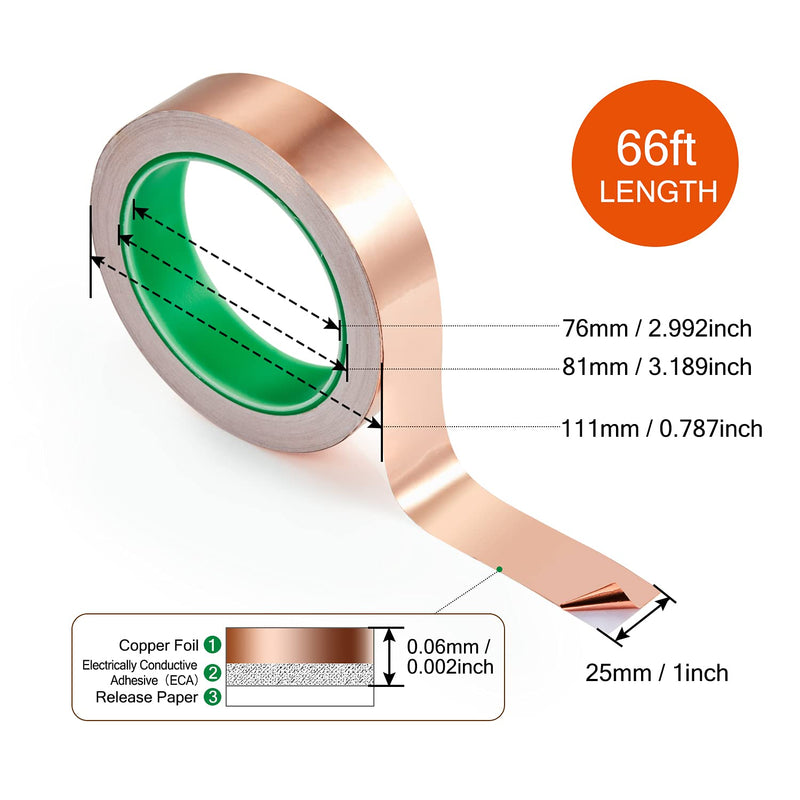 [Australia - AusPower] - CHANZON Copper Foil Tape 25mm 1 inch x 66ft Double Sided Conductive Adhesive for Electric,Slug & Snail Deterrent,Guitars,Soldering,Grounding,Repair,Crafts,Paper Circuits 5) 1inch x 66ft 