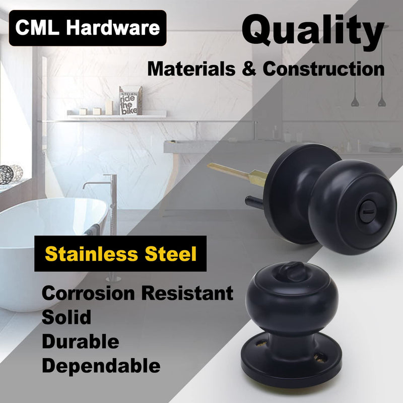 CML Hardware (2 Pack) Privacy Door Knob for Bedroom and Bathroom, Stainless Steel Keyless Door Locks for Bed/Bath, Round Ball Handle, Matte Black 2 Pack
