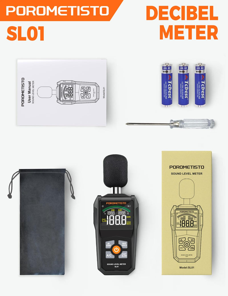 [Australia - AusPower] - POROMETISTO SL01 Decibel Meter, 30-130 dB Sound Level Meter, with A/C Weighting, Data Storage, Maximum/Minimum), Precise dB Meter for Professional, Industrial and Home Use 
