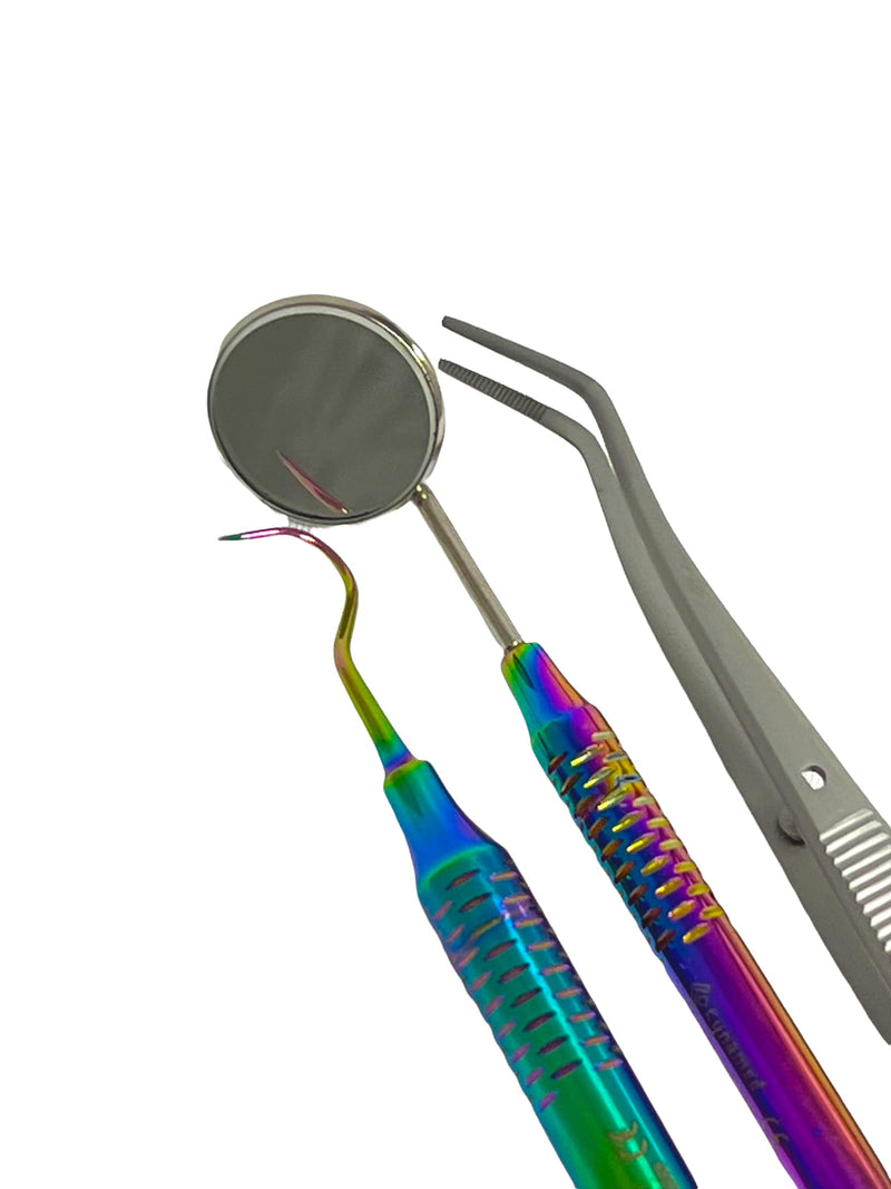[Australia - AusPower] - ArTLaB-Premium German 3 Instruments Basic Dental Set- Mirror Explorer College Cotton Plier Hollow Handle -Dental Instruments set of 3 (Rainbow Titanium Set of 3) Rainbow Titanium Set of 3 