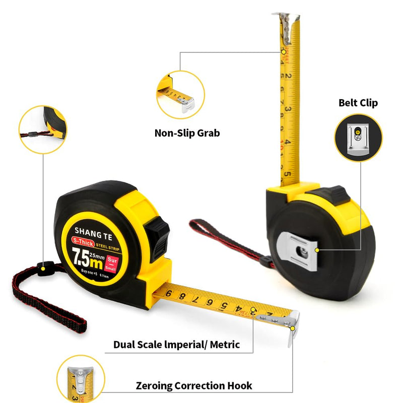 6 Pack Tape Measures(25 FT) Easy to Read Digital Retractable Steel Measuring Tapes 25 FT Heavy Duty Meter Tape Measure with Fractions Home Carpenter Craftsman Lineman Measure Tools Cinta Metrica 6 pack-25ft
