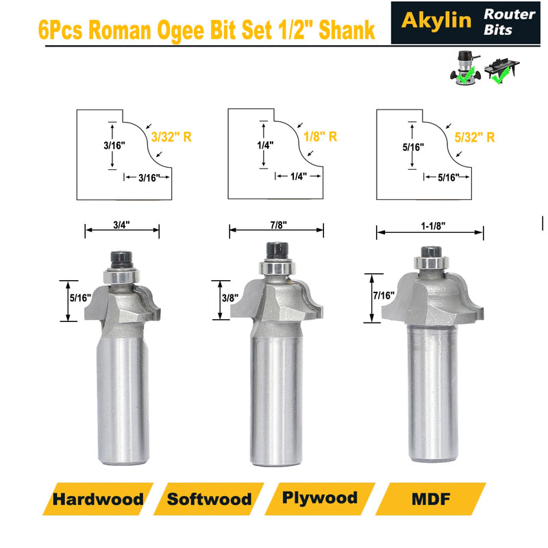 6Pcs Roman Ogee Router Bit Set,1/2" Shank,Decorative Edge Bits Double Radius 3/32", 1/8",5/32",3/16",7/32", 1/4" and,5/16" Edging Cutter for Wood Profiling,Routing,Molding 6 pcs - 1/2" Shank