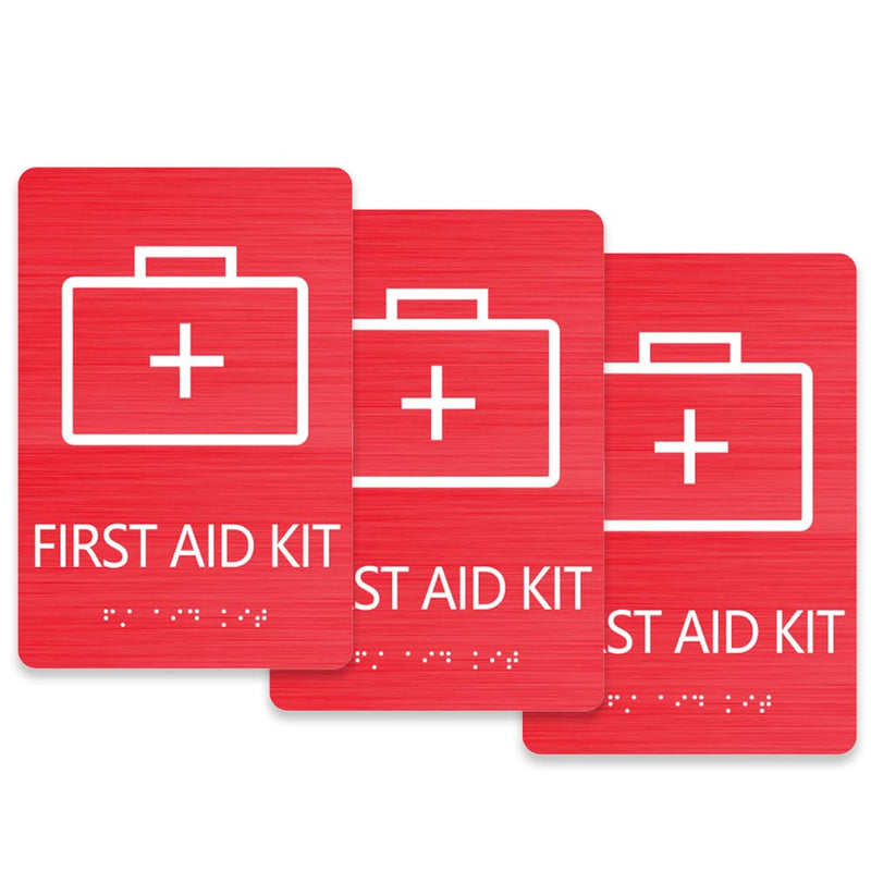 First Aid Kit Sign, ADA Compliant, Aluminum Composite Panel, Grade 2 Braille with Raised Tactile Letters, for Office, Schools, Restaurants & Public Facilities, 6" x 9"(3 Pcs) 3