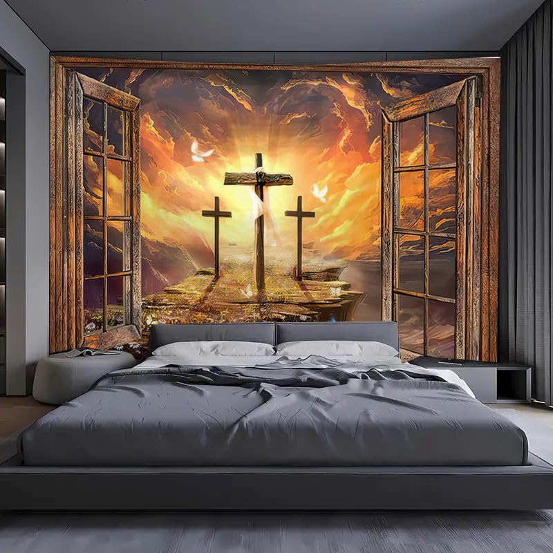 FENDROM Jesus Christ Cross Sunrise Tapestry Sunset Sepulcher Lord Pray Easter Crucifixion Religious Belief Wall Hangings Decor Large Tapestry for Bedroom Living Room Dorm College Church Man Cave 59"L x 51"W