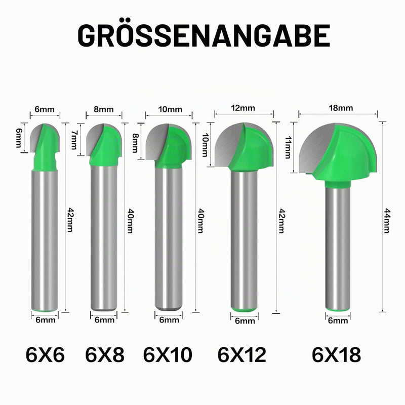 Shank Router, Hollow Chamfer Cutter, 6 mm, 5 Pieces, Round Nose Cove Core Box Milling Cutter, Woodworking Cutter, Carbide Woodworking Mill, Radius Cutter Ball Cutter, Green, 6 mm / 8 mm / 10 mm / 12 mm / 18 mm